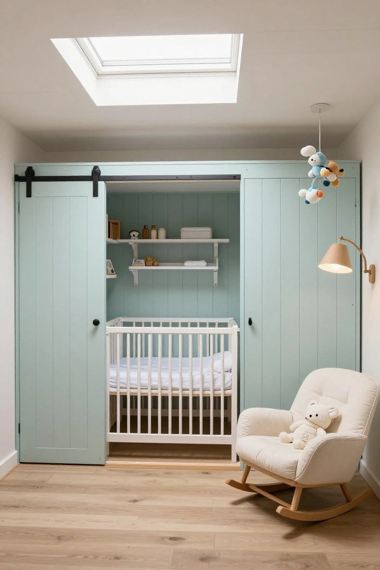 Nursery interior with tall mint green paneled wardrobe featuring black sliding barn doors partially open to reveal white crib, wooden shelves stocked with baby items, cream upholstered rocking chair holding teddy bear, skylight overhead, and light oak flooring.