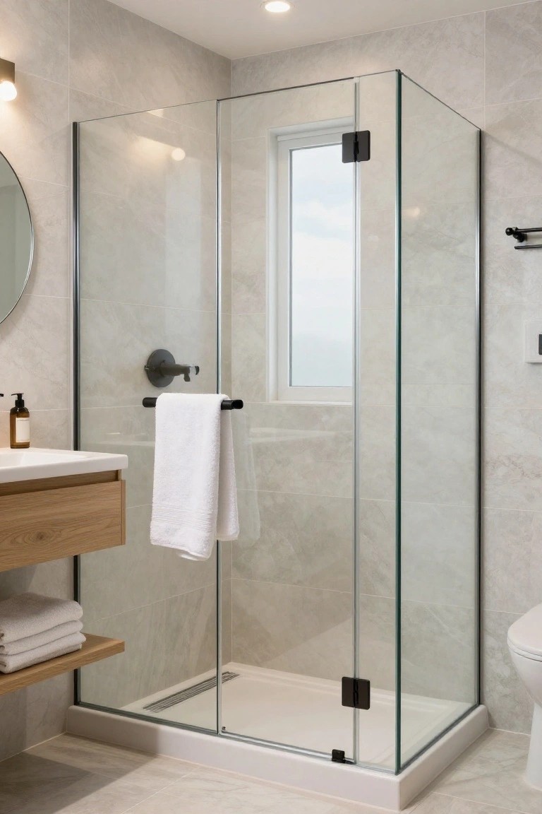 Modern bathroom with frameless glass shower enclosure in the corner, oak wood vanity and shelf, hanging white towels, wall-mounted faucet, soap dispenser, round mirror, and white toilet against light gray tiled walls and floor.