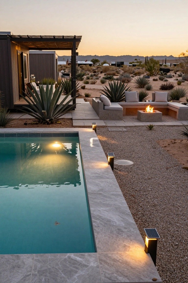 Modern prefab tiny house exterior in desert at dusk with turquoise pool edged in marble tile, adjacent gravel patio featuring built-in beige seating around a square fire pit, agave plants, solar lights, and distant mountains.