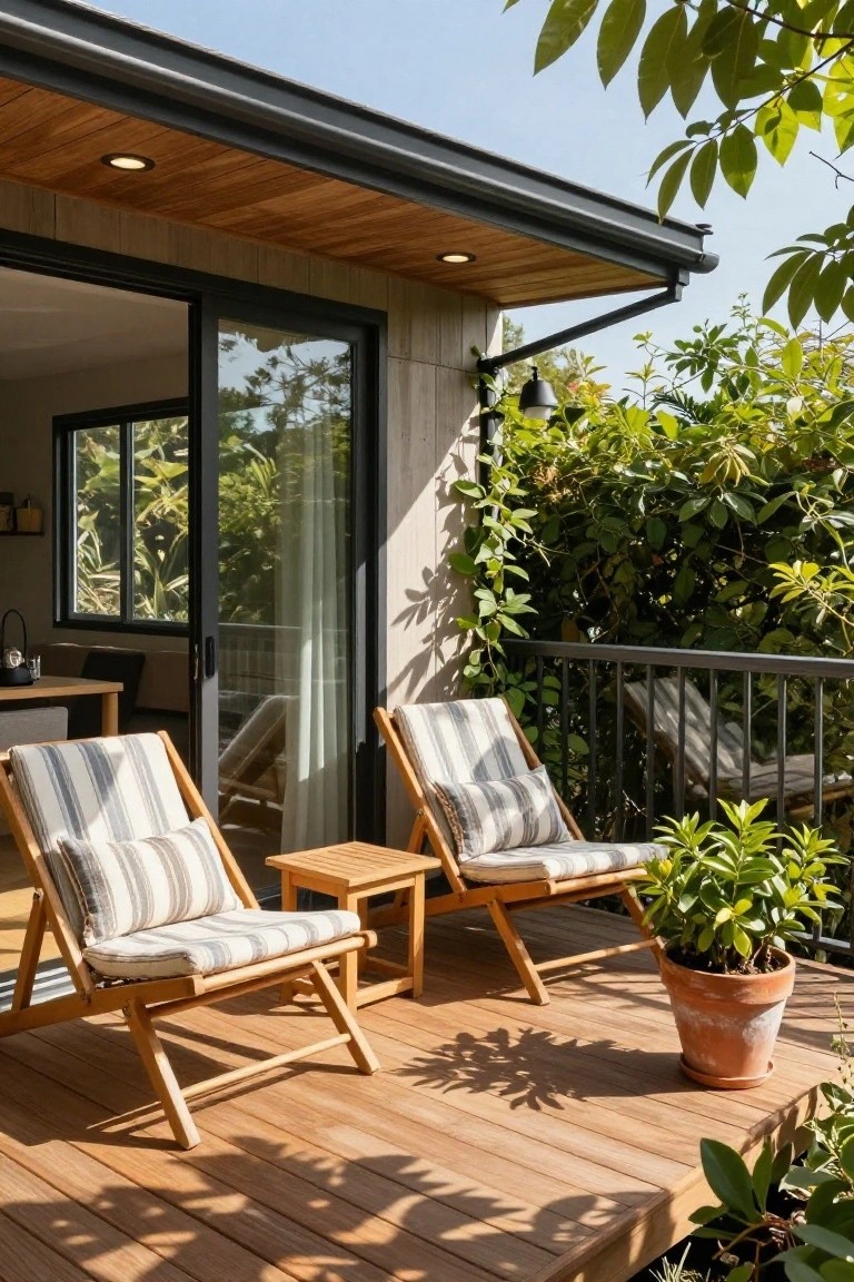 Wooden deck balcony with two folding lounge chairs upholstered in striped fabric with cushions, a matching side table, potted plant, sliding glass doors to modern house interior, and dense surrounding greenery.