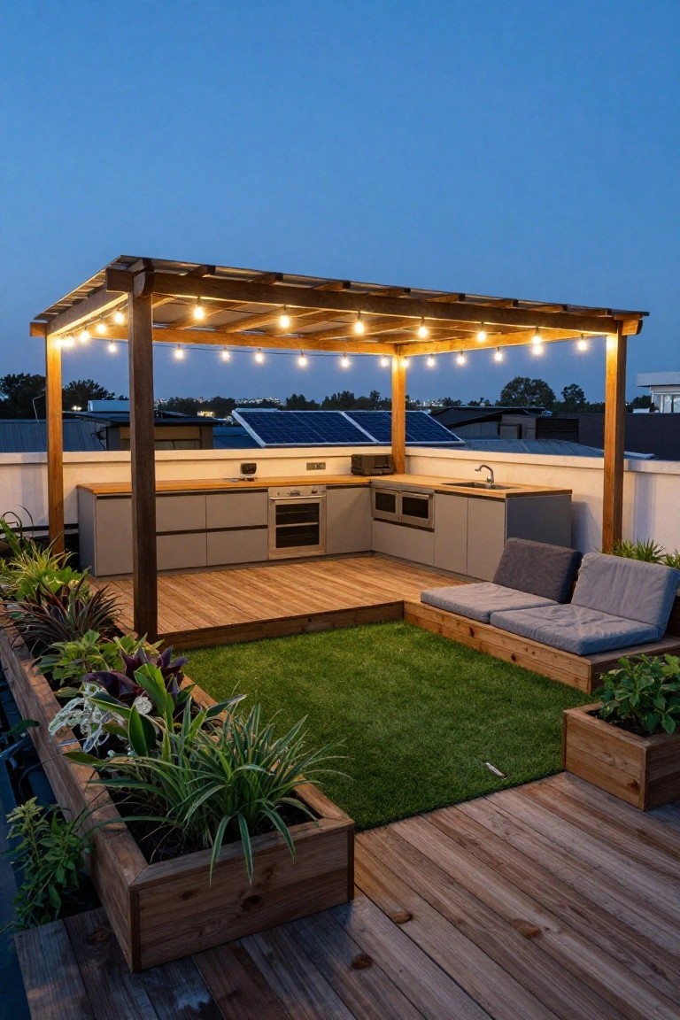 Rooftop wooden deck with pergola strung with lights over a gray outdoor kitchen, built-in oven, sink, seating bench, artificial turf, and wooden planters with plants.
