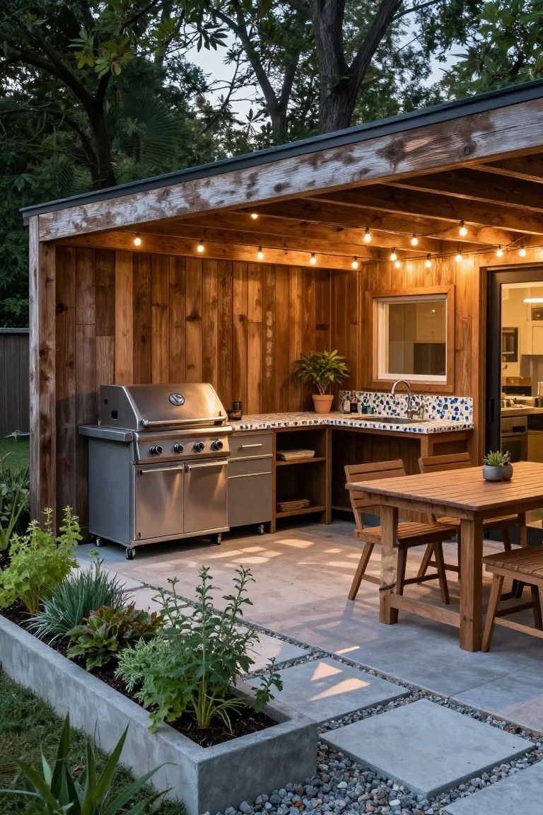 Wooden pavilion structure with stainless steel grill, countertop sink, wooden dining table and chairs on a tiled patio surrounded by potted plants and string lights.