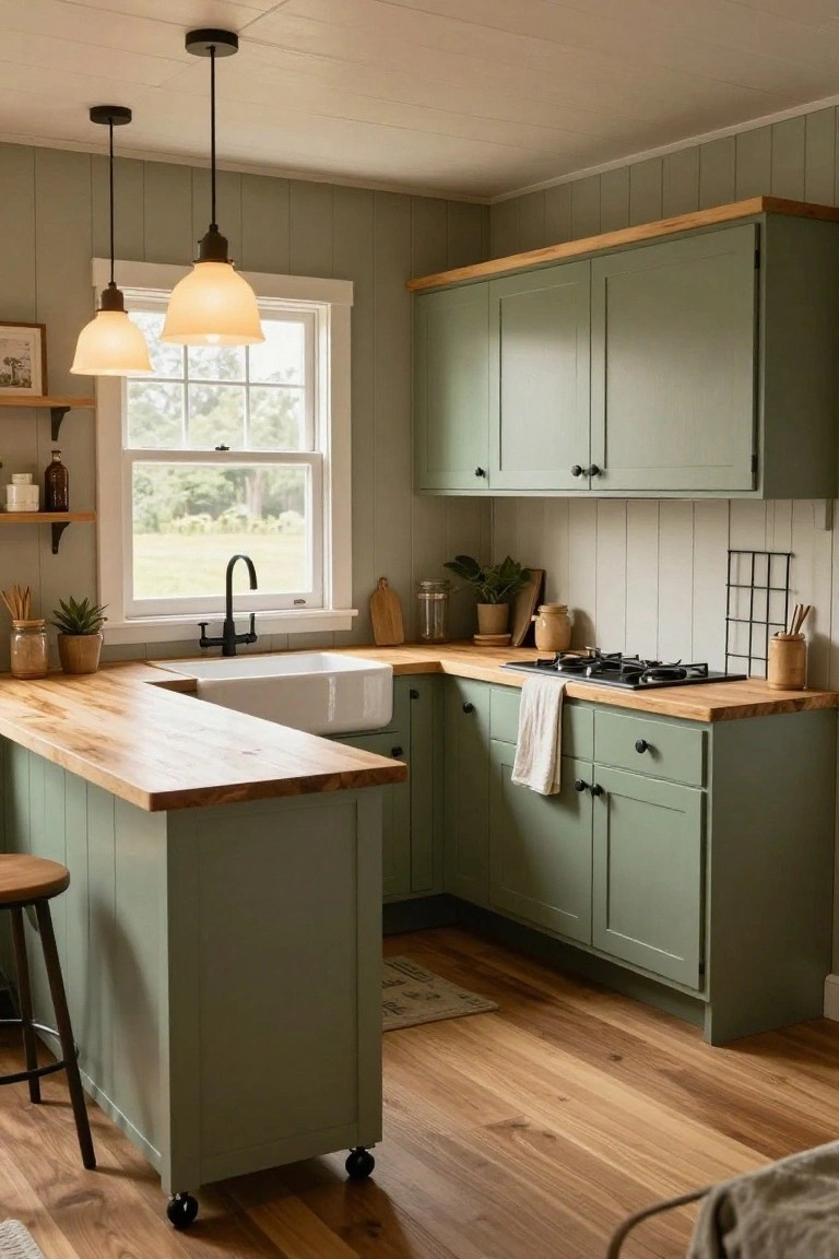 Compact L-shaped kitchen with sage green shaker-style cabinets, maple wood countertops and peninsula bar stool, white farmhouse sink, gas cooktop, pendant lights, and wooden flooring.