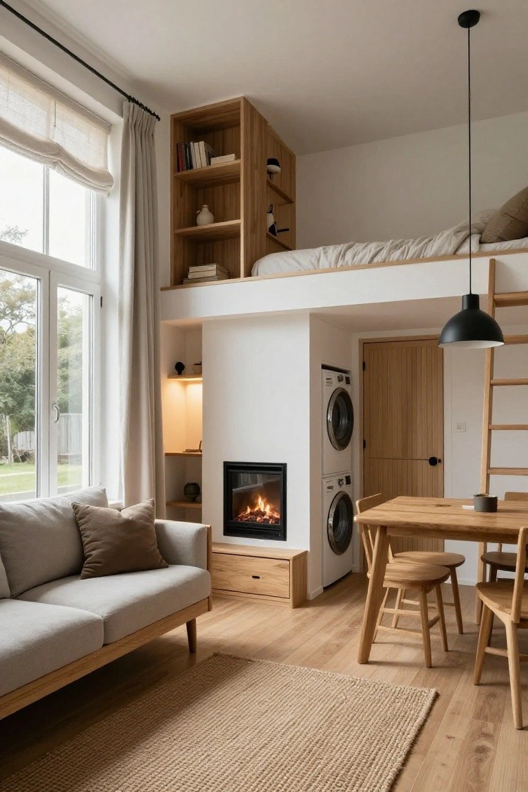 Interior view of a compact prefab tiny house showing a lofted bed with wooden ladder access and integrated bookshelves, beige sofa, wooden dining table, gas fireplace, stacked washer and dryer, and large windows with garden view.