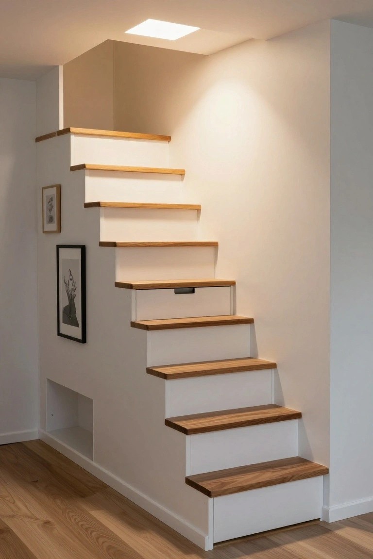 White staircase with wooden treads and a pull-out drawer built into one riser, next to framed artwork on the wall and a small niche at the base, on wooden flooring in a bright interior.