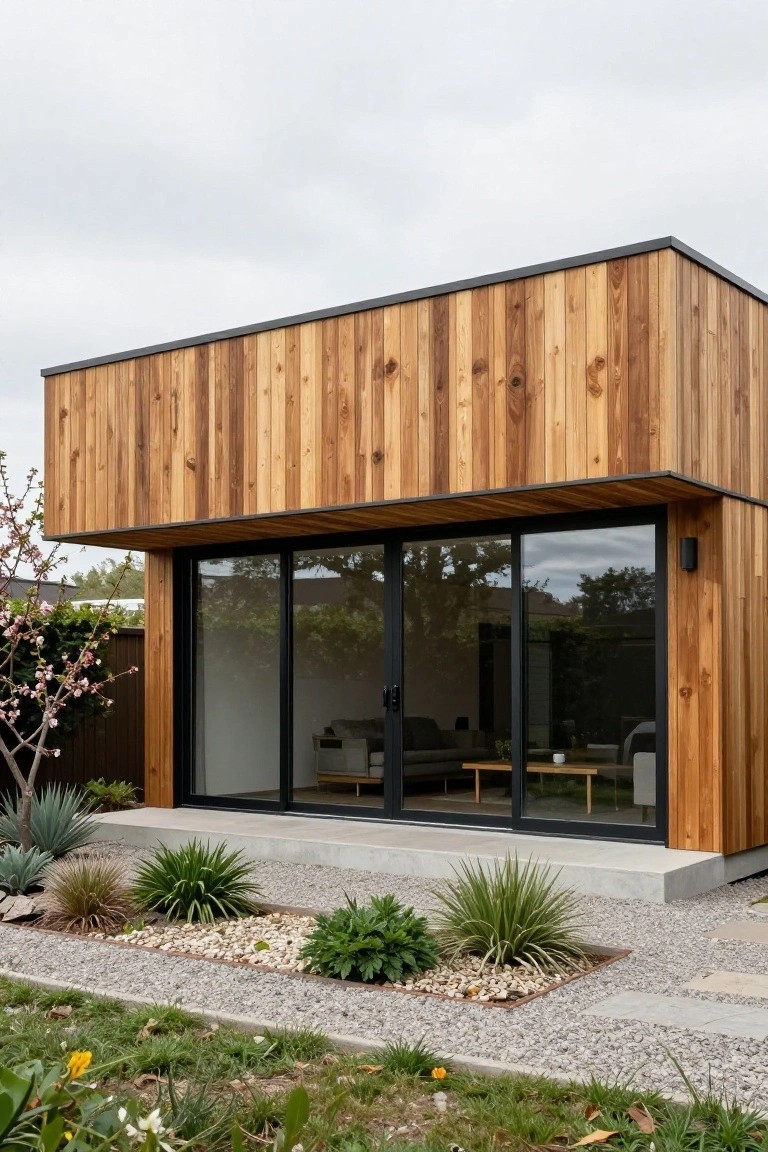 Small modern prefab house with vertical dark wood cladding, black metal-framed floor-to-ceiling sliding glass doors, concrete base, and front yard landscaping featuring agave plants, gravel paths, and low shrubs.