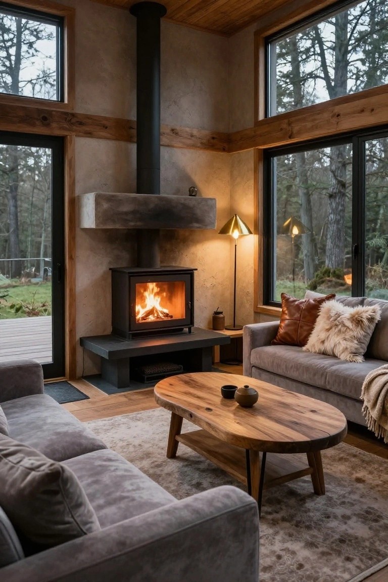 Interior of a cabin living room with central black wood-burning stove lit with fire, gray L-shaped sofa, oval wooden coffee table, two gold floor lamps, and large windows and doors overlooking forest and wooden deck.