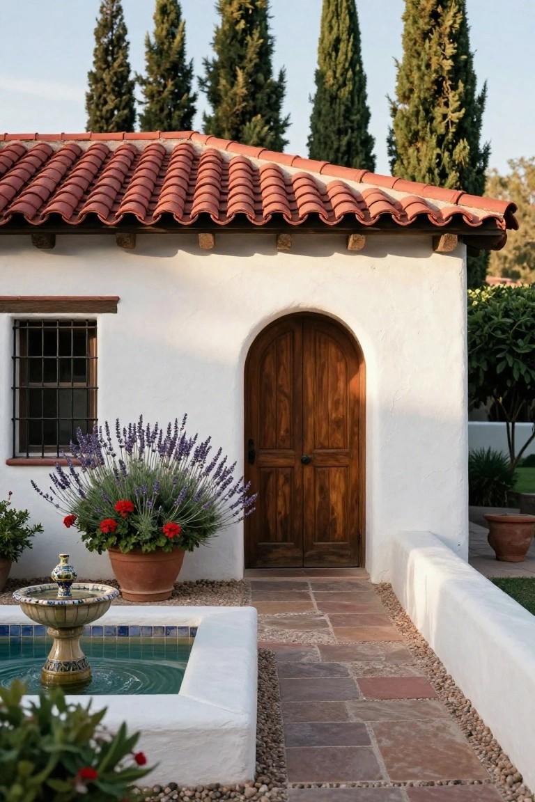 White stucco house exterior with red tile roof, arched brown wooden double door, small blue-tiled fountain, lavender and geranium plants in terracotta pots, stone pathway, and tall cypress trees in the background.
