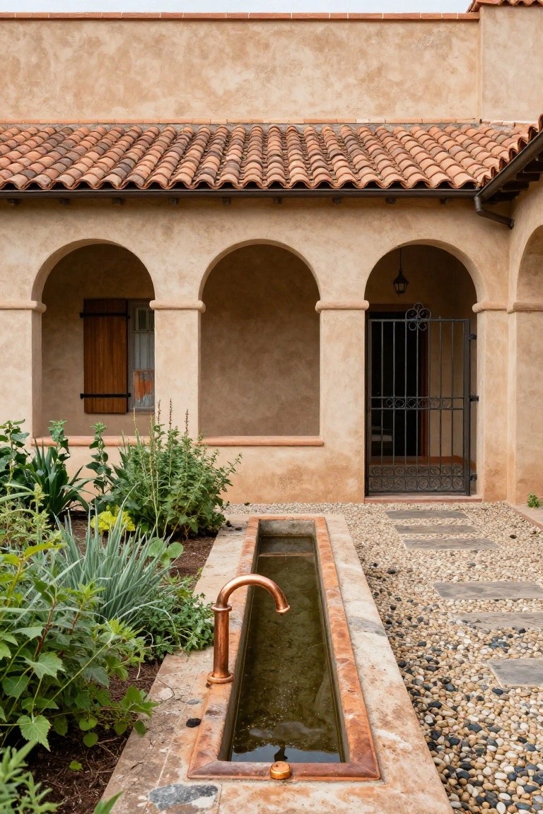 Tan stucco house exterior with red barrel tile roof, three arches forming a colonnade, wooden shutters on a window, black wrought iron gate at center entry, and front landscaped area with plants, stone trough fountain, copper faucet, and pebble stepping stones.