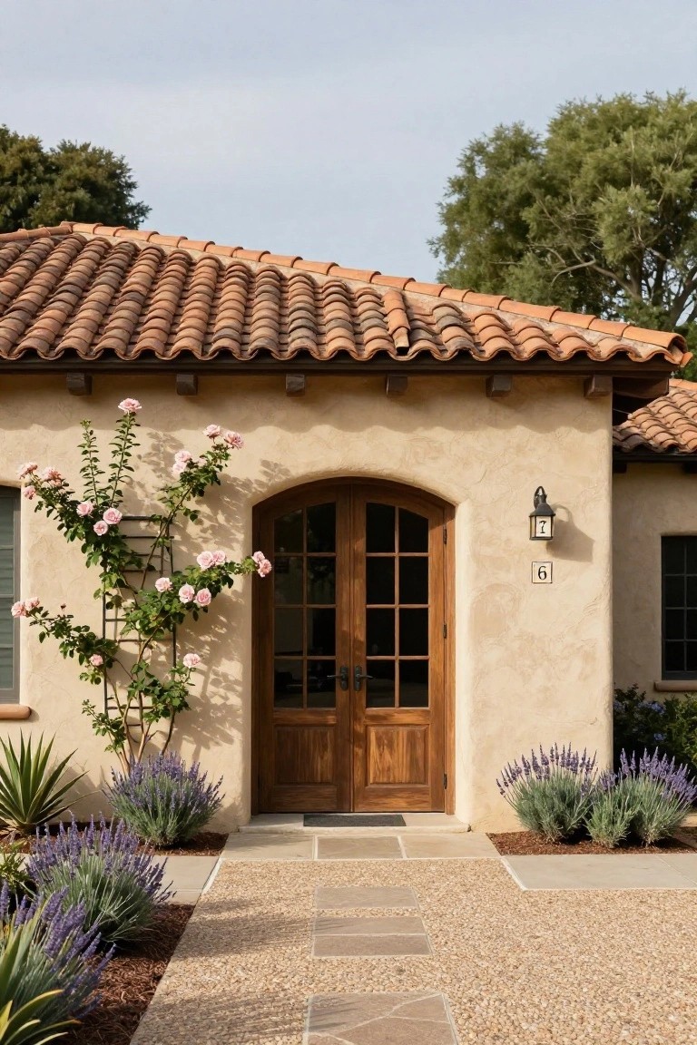 Beige stucco house exterior with terracotta tile roof, arched dark wood double doors numbered 6, pink climbing roses on a trellis beside the door, lavender plants bordering a stone pathway, and gravel ground cover.