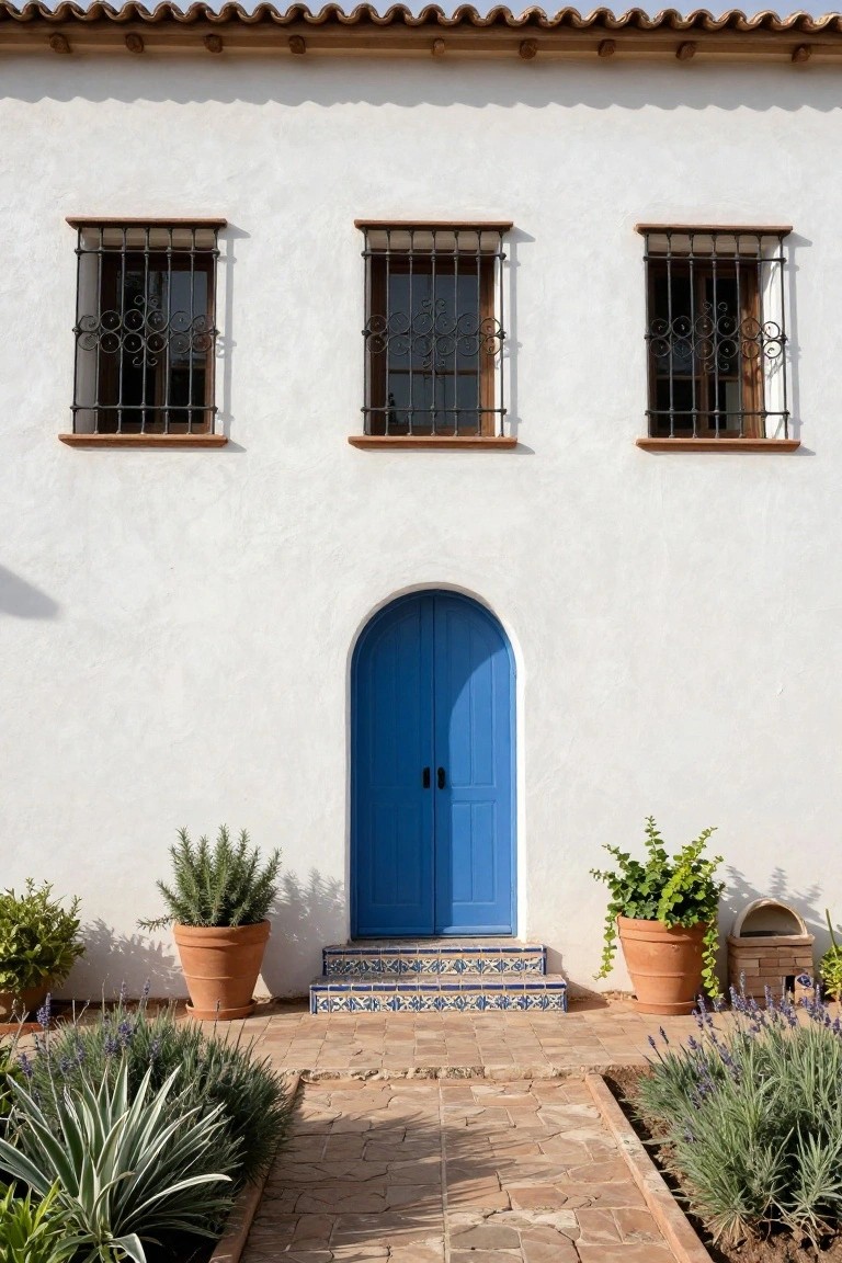White stucco house exterior in Spanish style with terracotta tile roof, three windows with wrought iron grilles, bright blue arched double front door, tiled entry steps, and surrounding plants in terracotta pots along a stone path.