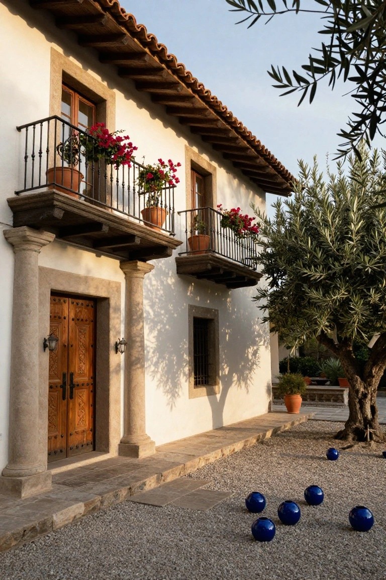 White stucco Spanish-style house exterior with arched wooden double door entry framed by stone pillars, wrought-iron balcony holding terracotta pots of red flowers, olive tree nearby, and scattered large blue spheres on gravel courtyard.