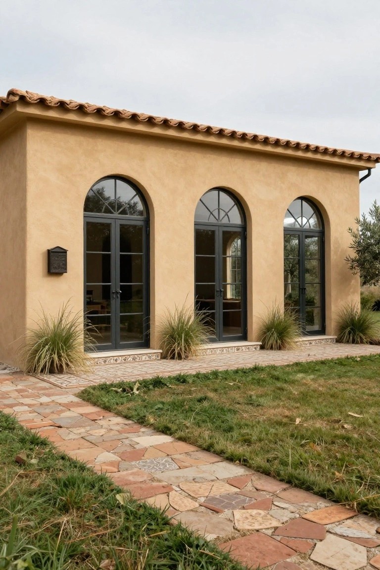 Beige stucco building with terracotta tile roof and three arched black-framed door and window sets, flanked by ornamental grasses, next to a stone pathway in a grassy yard.
