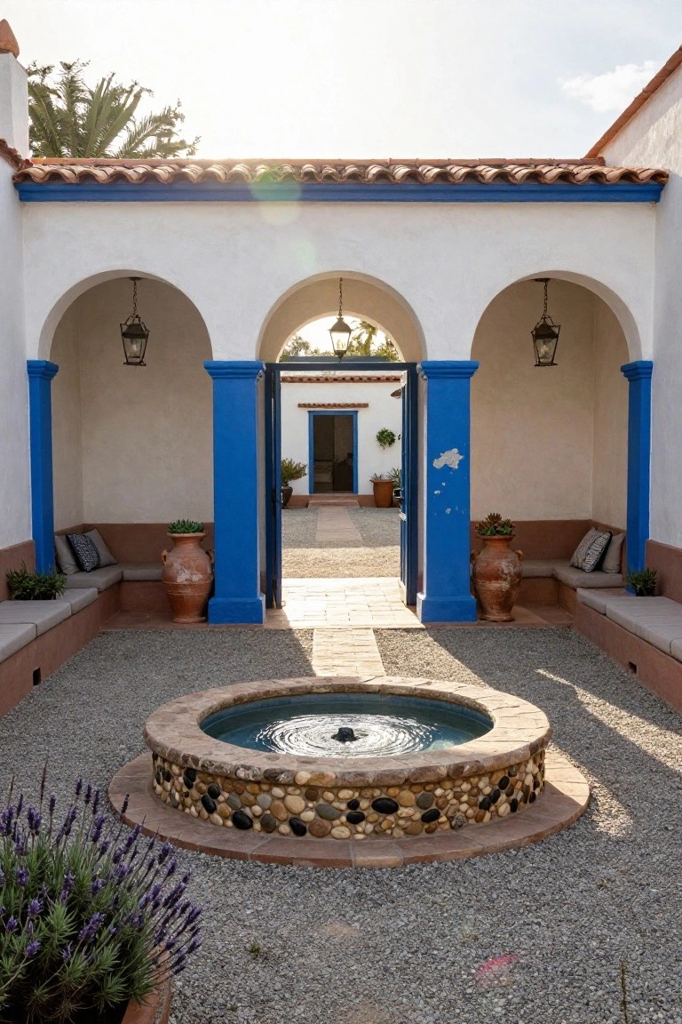 Sunny Spanish-style courtyard with central circular fountain on gravel ground, built-in benches along arched walls with blue columns, terracotta pots, lavender plants, and open blue door in the distance.