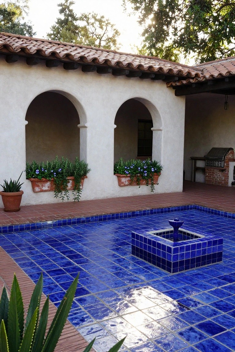 Spanish-style outdoor courtyard with central raised blue-tiled fountain pool, white stucco walls with arches and flower planters, red brick pavers, potted agave and rosemary, and brick barbecue grill nearby.