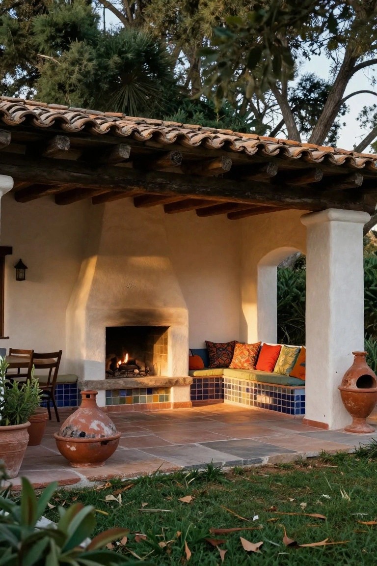 Covered outdoor patio in white stucco with arched openings, a burning stone fireplace, built-in benches with colorful cushions, terracotta pots, and potted plants on a tiled floor surrounded by grass and trees.