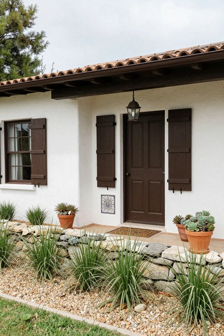 White stucco Spanish-style ranch house exterior showing dark wood front door with shutters, hanging lantern, tile accent, potted succulents, and low stone wall with grasses and gravel.