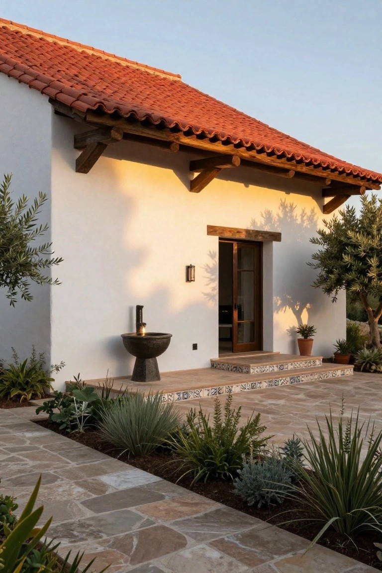 White stucco house with red barrel tile roof, exposed wooden beams, open wooden entry door, adjacent black stone fountain with water spout, colorful tiled entry steps, and surrounding plants including olive trees and agaves on a stone paver patio.