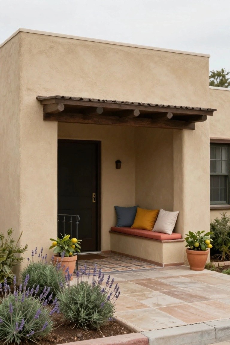 Beige stucco house facade with covered wooden beam porch, black front door, built-in bench holding blue, yellow, white, and orange cushions, potted lemon tree, lavender plants, and terracotta tile path.
