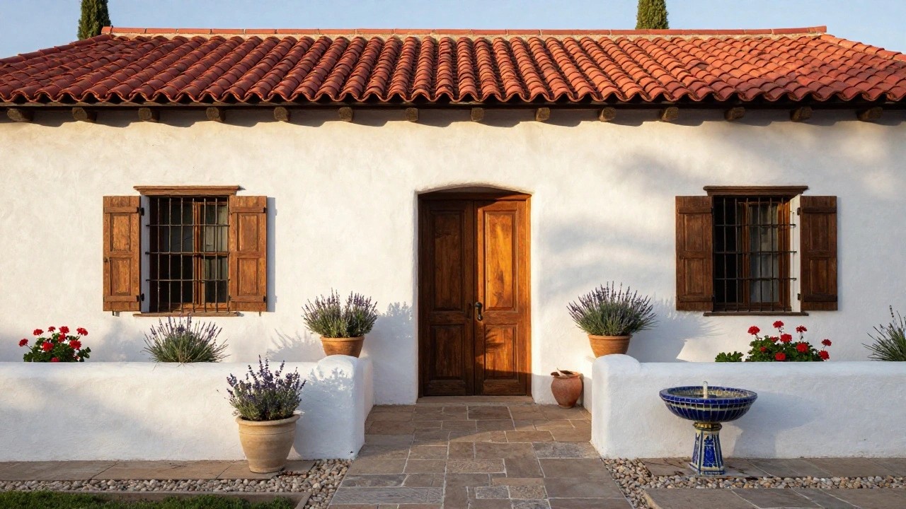 White stucco house exterior with red tile roof, arched brown wooden double door, small blue-tiled fountain, lavender and geranium plants in terracotta pots, stone pathway, and tall cypress trees in the background.