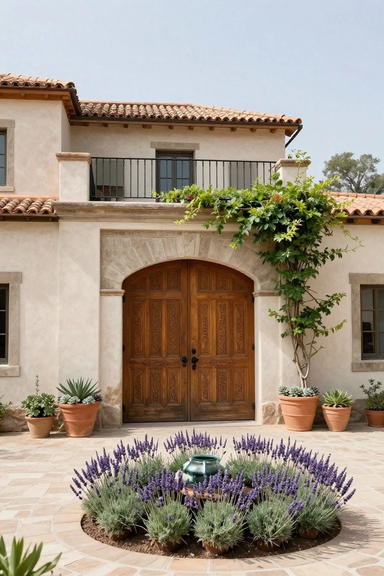 Spanish-style ranch house exterior with arched stone entryway and tall carved wooden double doors, stucco walls, tile roof, second-story balcony with climbing vines, potted succulents, and circular lavender bed around a fountain in the foreground.