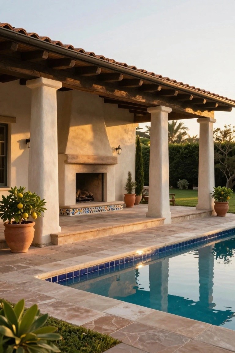 Covered outdoor loggia with white stucco columns, wooden beams, stone fireplace, potted plants, and adjacent turquoise pool with terracotta tile decking.