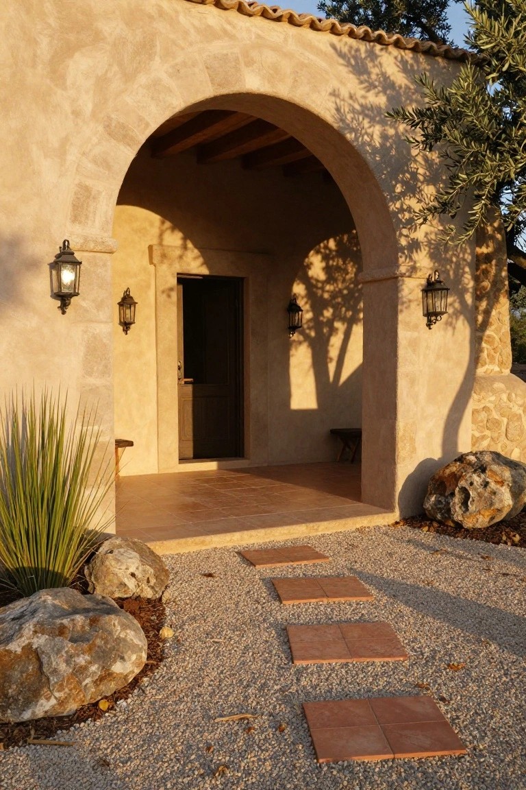 Adobe house exterior featuring an arched porch entrance with dark wooden door, paired iron lanterns on stucco walls, gravel pathway with terracotta stepping stones, large rocks, yucca plant, and olive tree in late afternoon light.