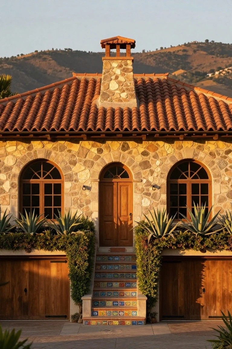 Front exterior of a Spanish-style ranch house with rough stone walls, three arched openings including two windows and a central wooden door, terracotta tile roof, wooden garage doors, tiled entry stairs, and agave plants in the landscaping.