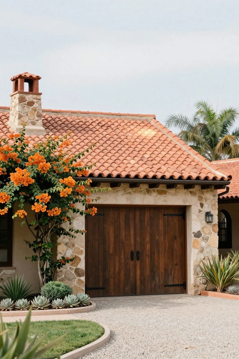Spanish-style ranch house garage with light-colored stone walls surrounding dark wooden double doors, terracotta tile roof, orange bougainvillea vine climbing the side, succulents and agaves edging a gravel driveway, and palm trees nearby.