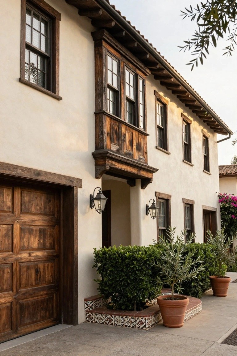 Side exterior of a beige stucco Spanish-style house with dark wooden balcony, garage door, multiple wood-framed windows, wall lanterns, boxwood hedges, potted olive trees, and tiled edging along the sidewalk.