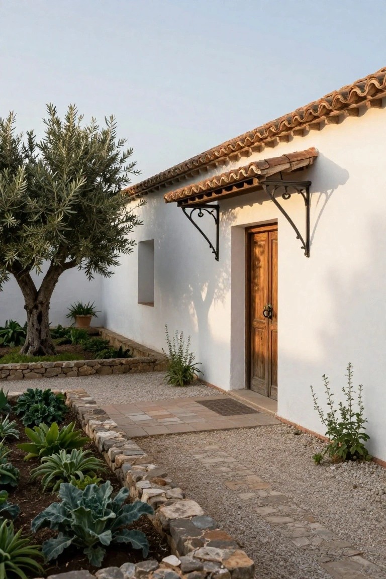 White stucco house wall with terracotta tile roof overhang on wrought iron brackets above a wooden double door, gravel path with stone edging, raised garden beds containing plants, and an olive tree to the side.