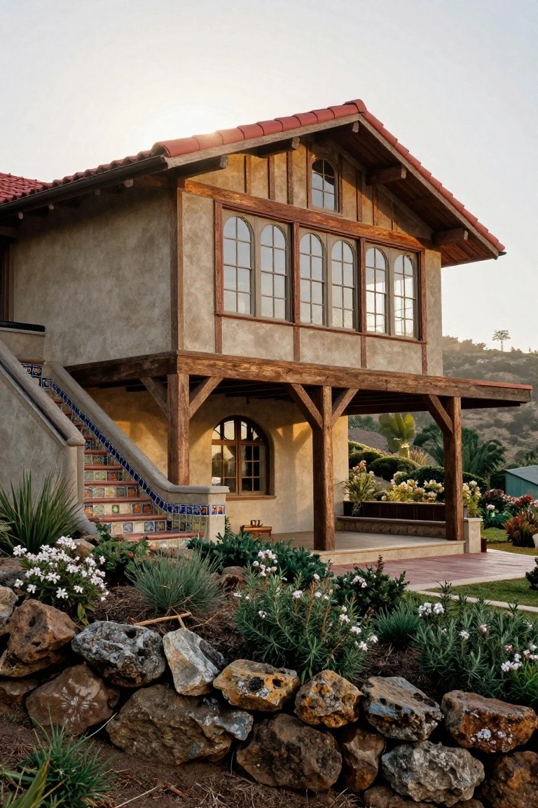 Stucco house with exposed dark wooden timber beams, large multipane windows, red tile roof, elevated porch with colorful tiled stairs, surrounded by rock retaining walls and drought-tolerant plants on a hillside.