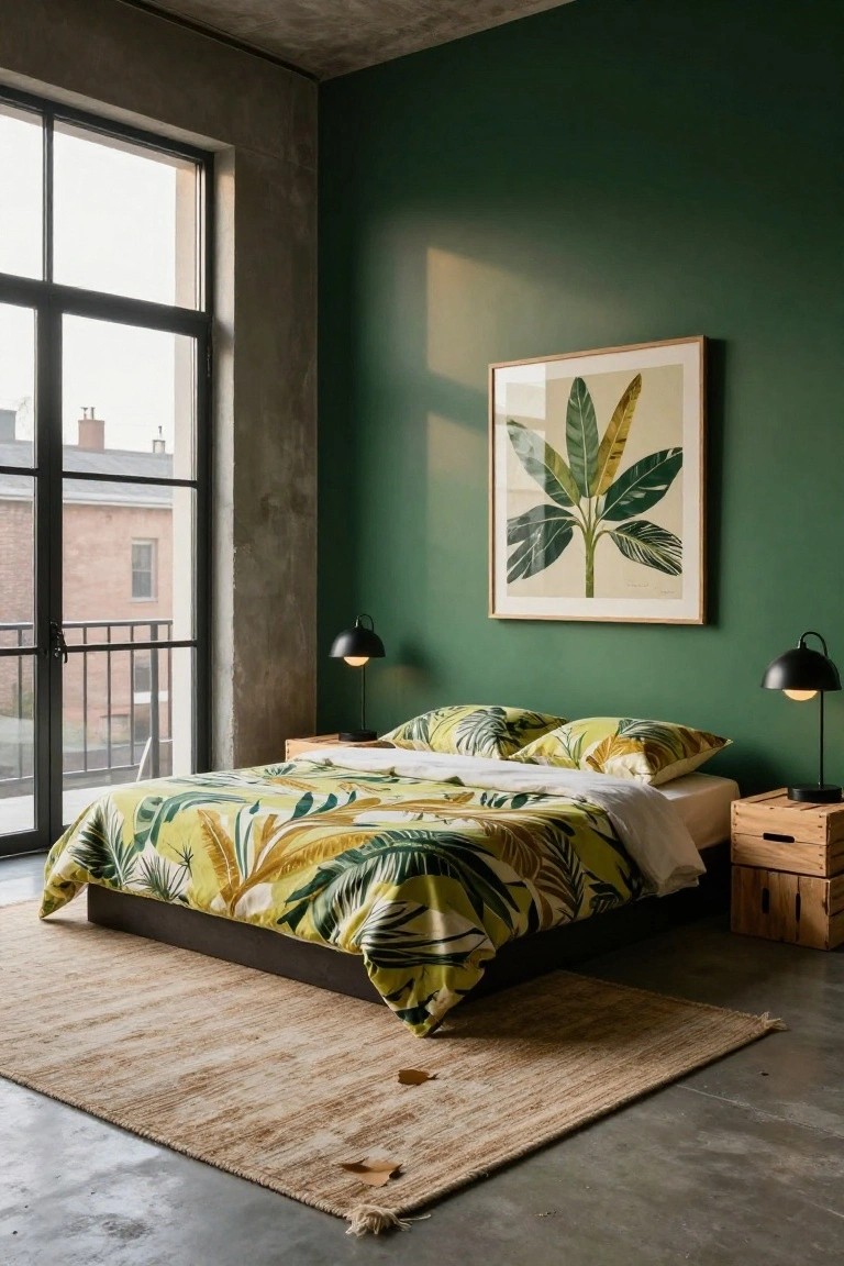 A bedroom interior with emerald green walls, a bed covered in yellow and green banana leaf patterned duvet and pillows, a matching large framed banana leaf print on the wall, black dome lamps on wooden crate nightstands, large industrial windows showing an urban exterior, and a beige seagrass rug on a concrete floor.