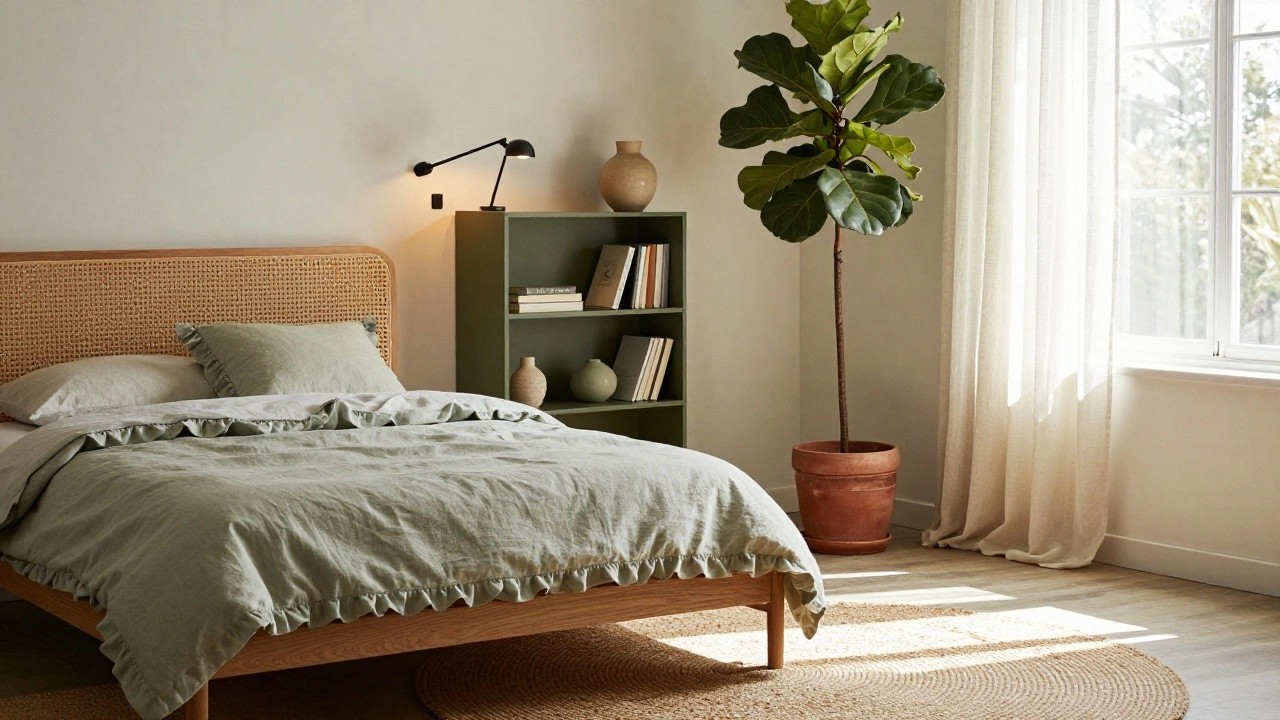 Bedroom with sage green walls, rattan headboard on wooden bed frame with white and green linen bedding and pillows, wooden nightstand, built-in shelves holding books and ceramic vases, large potted ficus plant by window with sheer curtains, black desk lamp, and seagrass rug on wood floor.