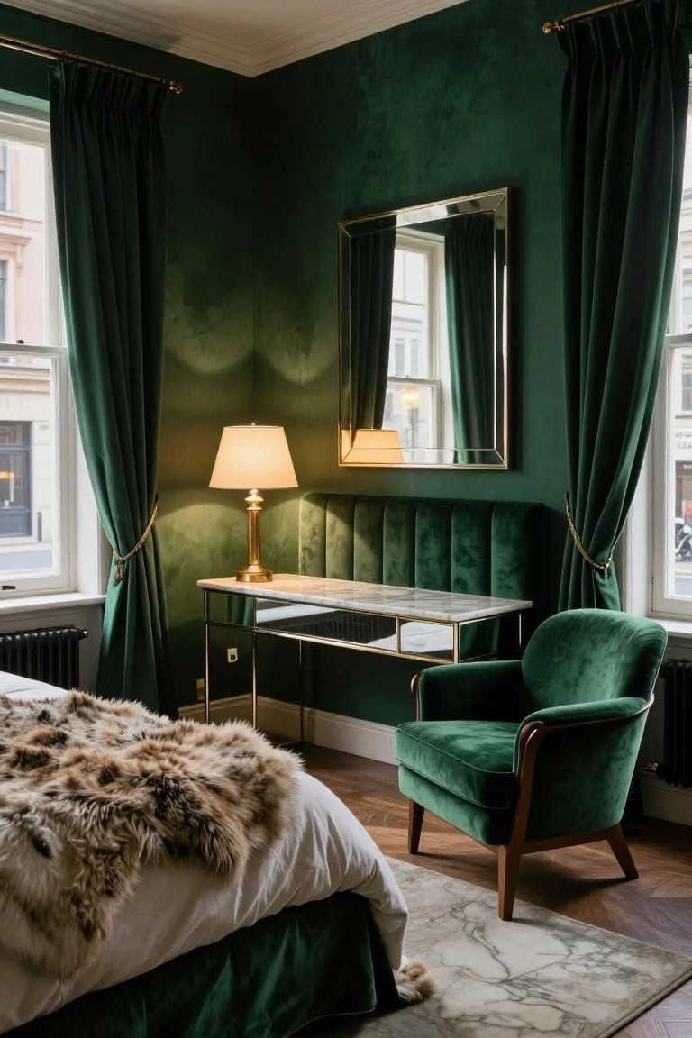 Emerald green bedroom corner with textured walls, tufted velvet headboard behind a glass-topped console and brass lamp, matching green velvet armchair, bed with white linens and fur throw, green drapes on windows, and parquet floor with marble rug.