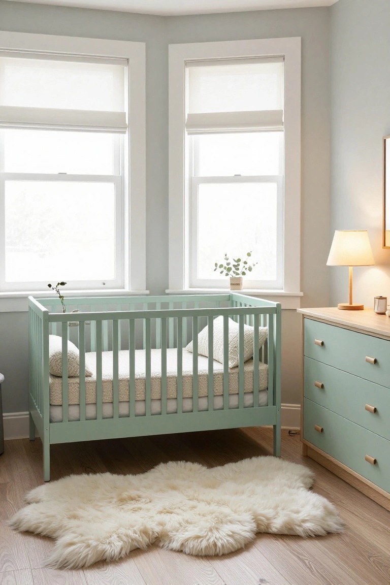 A light gray nursery room with a mint green wooden crib containing beige pillows and mattress, a matching mint green dresser, a white fluffy rug on light oak floors, sheer blinds on two large windows, and a table lamp on a wood side table.