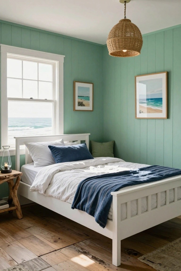 Bedroom with pale green vertical shiplap walls, white wooden bed frame with white sheets and navy throw blanket, large window showing ocean view, rattan pendant light, and wooden side table.