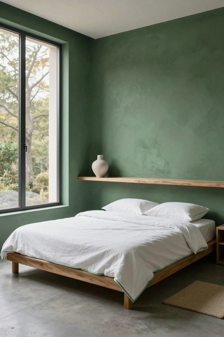 Bedroom corner with sage green textured plaster walls, large black-framed window showing trees and greenery outside, wooden floating shelf holding a tall beige vase, low wooden platform bed with white linens and green trim, small wooden side table, seagrass rug, and polished concrete floor.