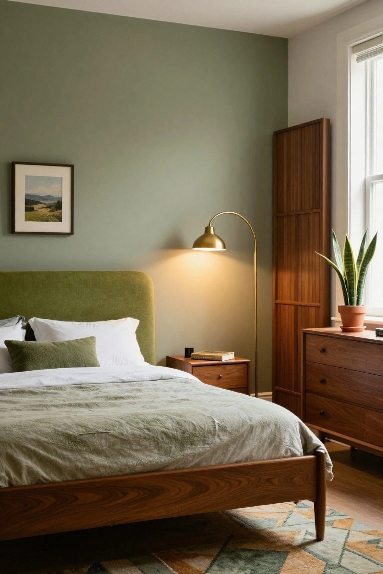 A bedroom with sage green walls, green velvet upholstered headboard on a wooden bed frame with white sheets and green pillows, wooden nightstand and dresser, gold arc lamp lit up, folding wood screen, framed landscape art, snake plant in terracotta pot by window, and geometric rug on wood floor.