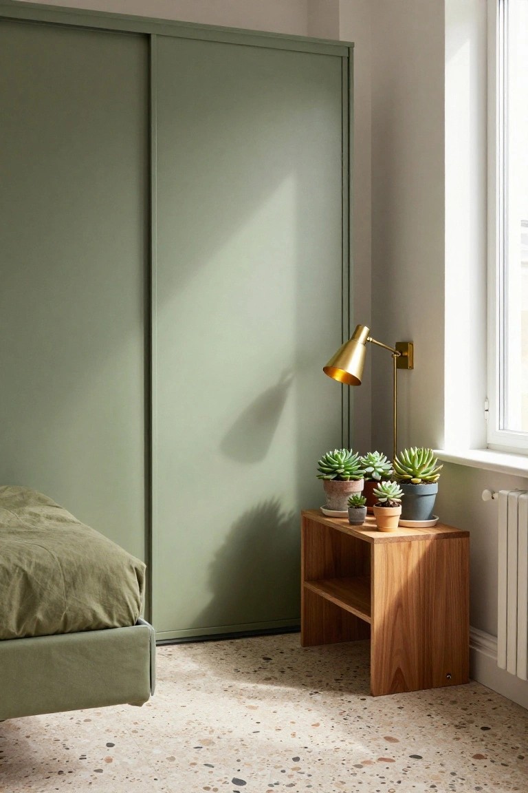 Bedroom corner with tall sage green sliding wardrobe doors, wooden nightstand holding several potted succulents, gold wall-mounted lamp, green upholstered bed frame partially visible, white window and radiator, and terrazzo floor.