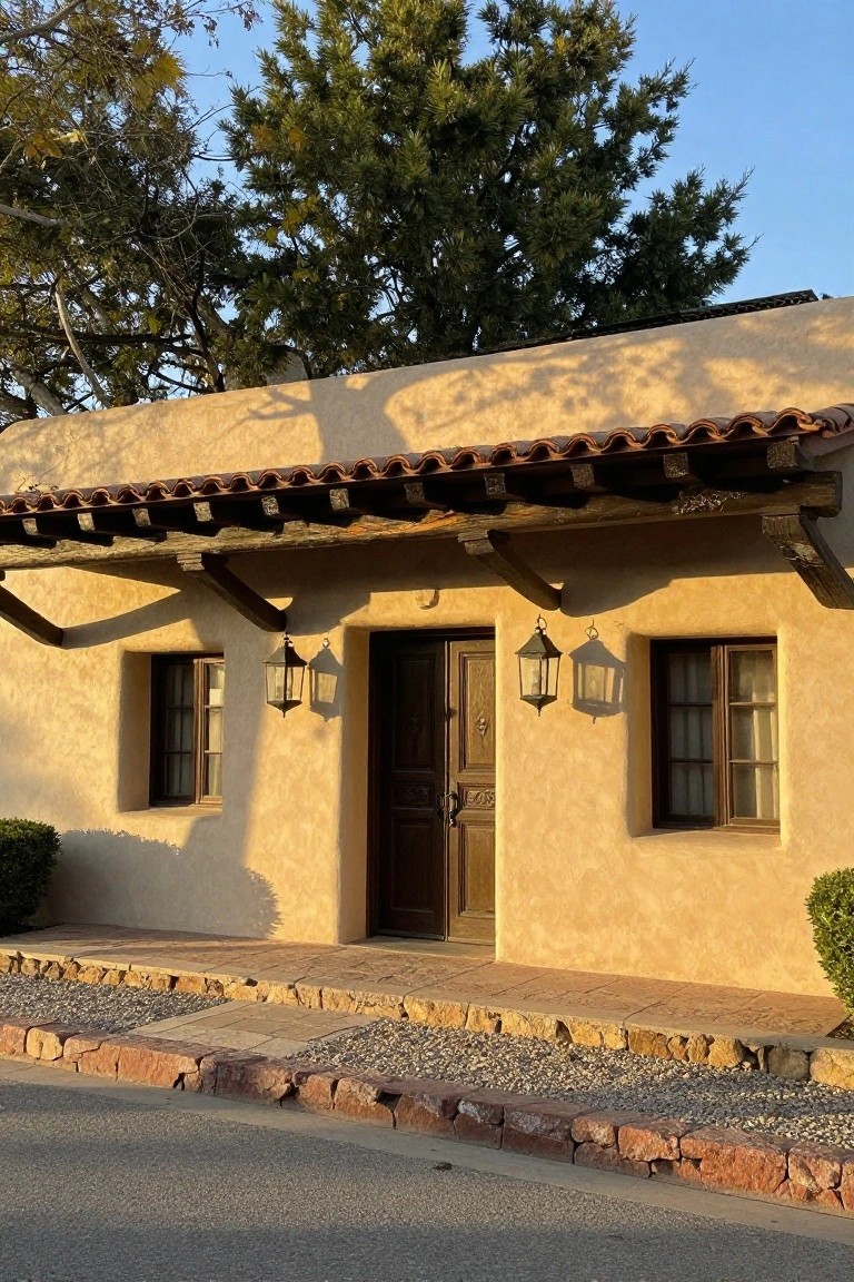 Beige adobe hacienda-style house exterior featuring a wooden front door under a vigas porch with hanging lanterns on either side, flanked by small windows, stone steps, and gravel landscaping.
