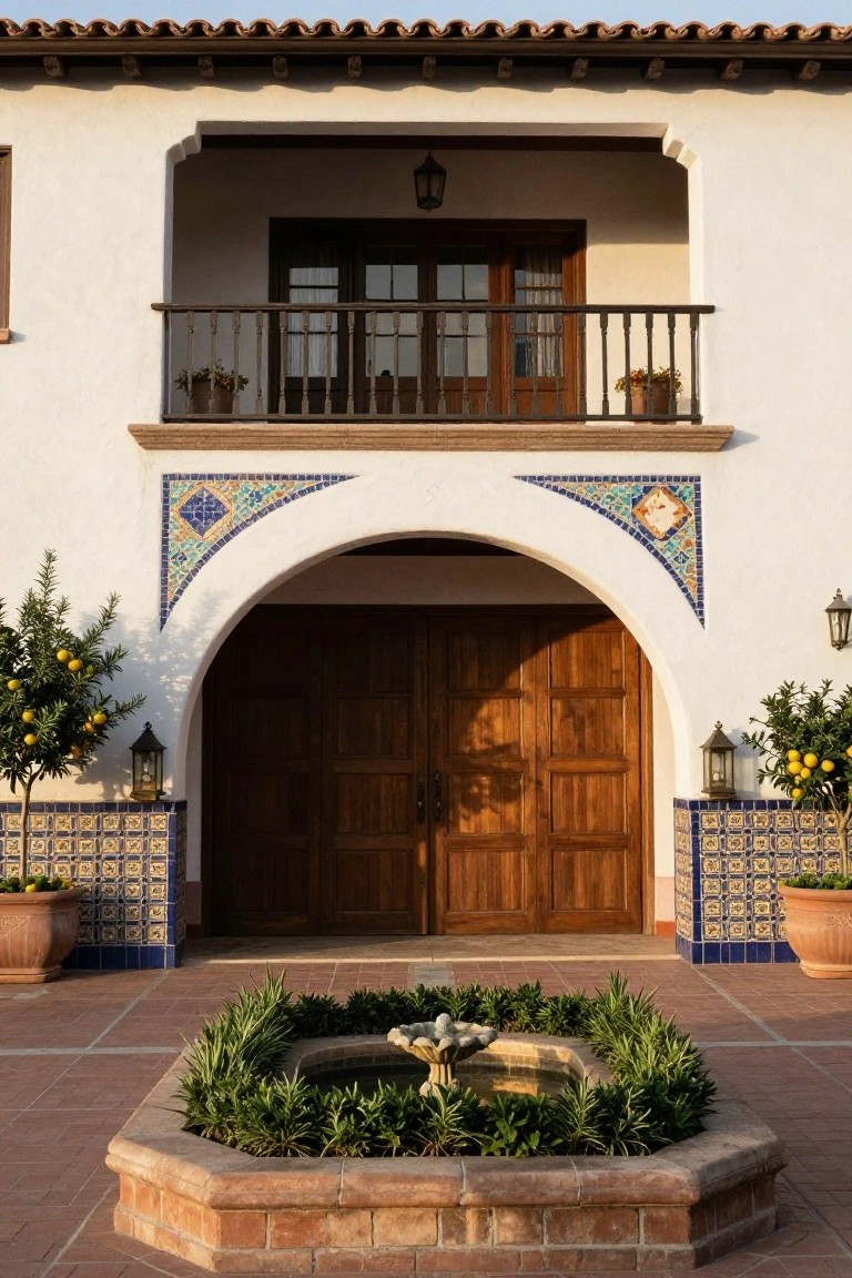 White stucco hacienda house exterior with terracotta tile roof, upper balcony, arched wooden garage doors framed by blue and turquoise tiles, wall lanterns, potted citrus trees, and hexagonal fountain with plants in the foreground.