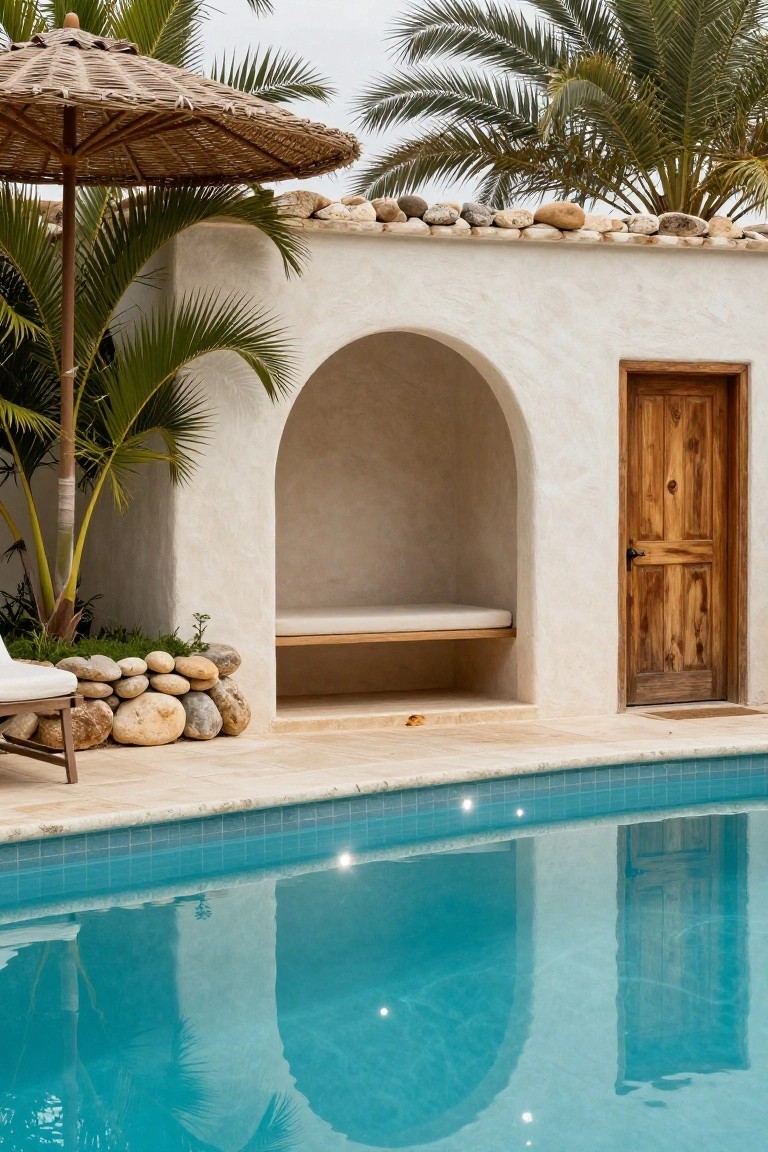 White stucco wall with arched niche containing cushioned bench and wooden door beside turquoise pool edged in tile, with palm trees, thatched umbrella, lounge chair, and rocks.