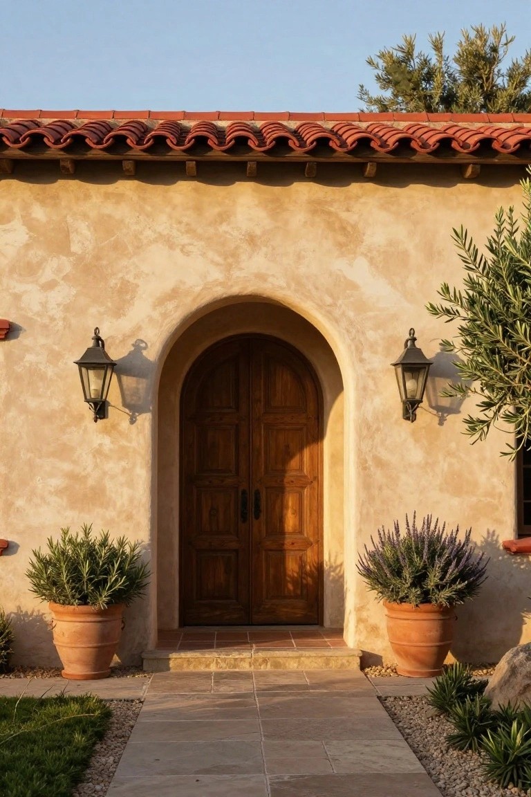 Hacienda-style house exterior with beige stucco walls, red barrel tile roof, tall arched wooden double door, black metal lanterns on each side, terracotta pots with rosemary and lavender plants, and stone pathway leading to the entry.