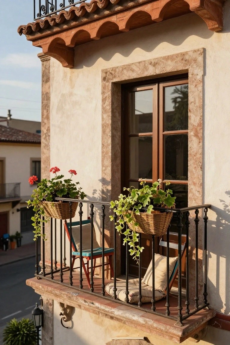 Hacienda-style exterior balcony with black wrought-iron railing supporting two wicker hanging baskets of red geraniums and green trailing plants, turquoise chair with cushions, beside a wooden-framed window on beige stucco wall.