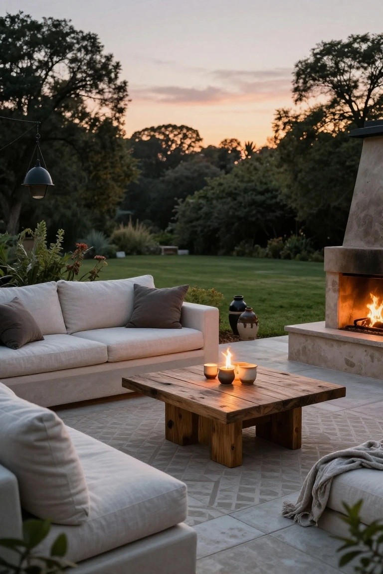 Outdoor patio featuring beige L-shaped sofa, wooden coffee table with three lit candles, burning stone fireplace, large ceramic pots, plants, lawn, trees, and sunset sky.