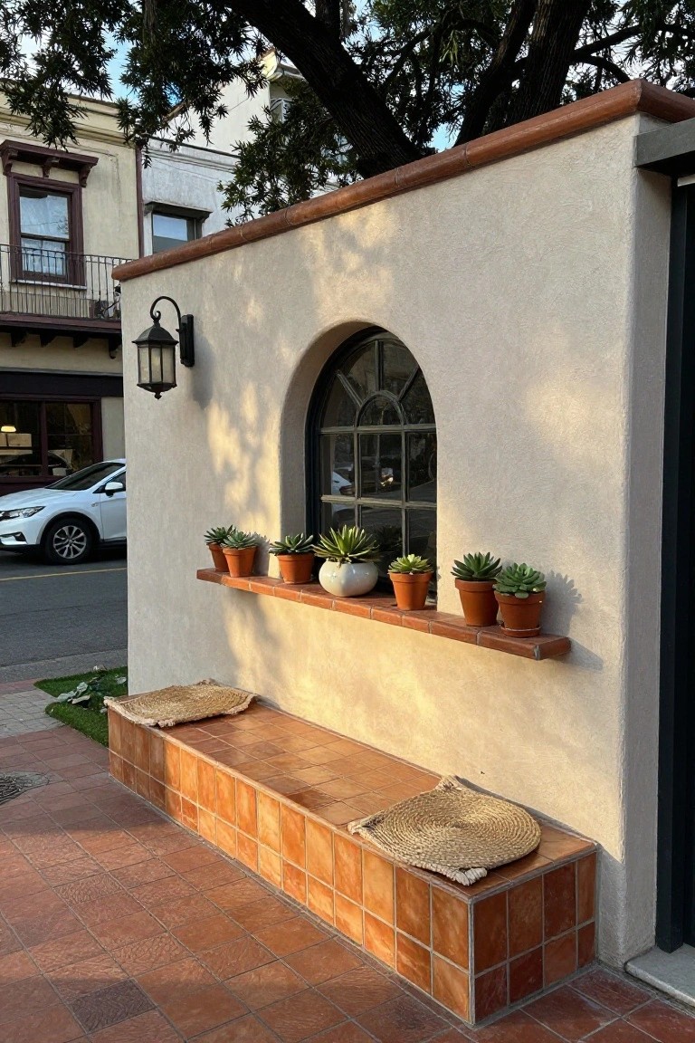 White stucco hacienda-style exterior wall with arched black-framed window, lantern light, wooden shelf holding terracotta pots of succulents, and low built-in terracotta tiled bench with two woven cushions on matching tiled patio beside a street.