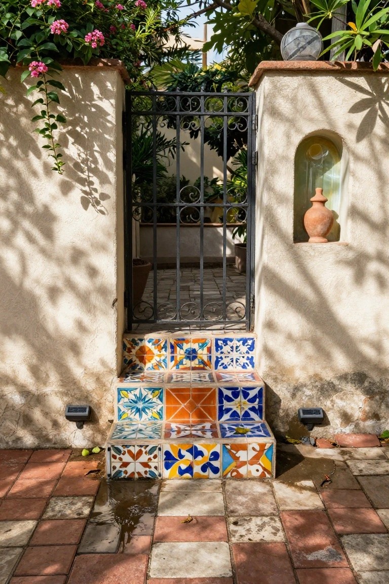 Wrought-iron gate between stucco walls with climbing plants and a niche holding a terracotta pot, colorful patterned ceramic tiles on steps leading to the gate, brick pavers and small lights on the ground.