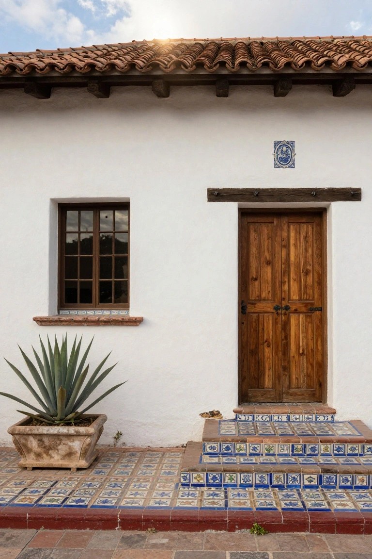 White adobe-style house facade with red tile roof, wooden double door entry, small window with tile sill, potted agave plant, and steps covered in colorful blue and patterned tiles.