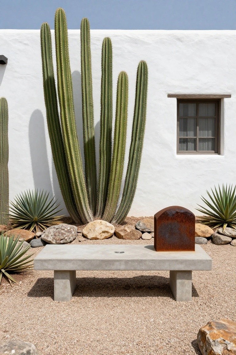 Concrete bench on gravel ground surrounded by tall columnar cacti, agave plants, boulders, and a rusted metal sculpture against a white stucco wall with a small window in a desert landscape.
